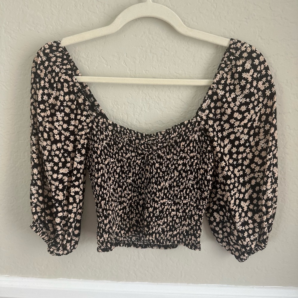 Audrey 3+1 Floral Puff Sleeve Blouse - Black and Cream